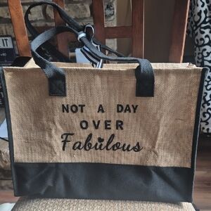 Not A Day Over Fabulous Burlap Zip Purse Tote With Pockets And Shoulder Strap